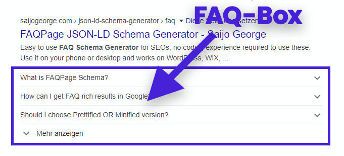 Google Snippet mit FAQ Box